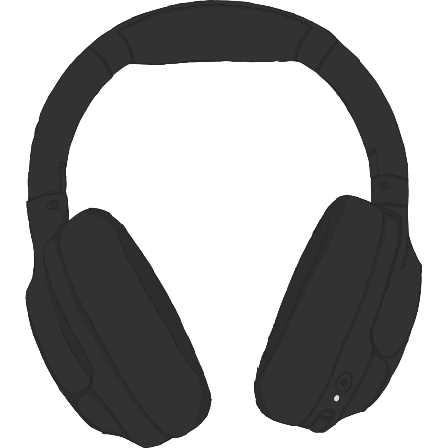 A pair of minimally shaded Bluetooth headphones. They are completely black except for a little white light underneath the power button and above the volume controls indicating that the headphones are turned on.